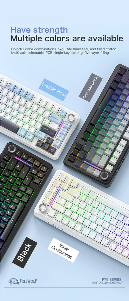 Teclado mecánico F75 FREEWOLF * AULA F75 Bluetooth trimodo, diseñado para gaming y uso de oficina