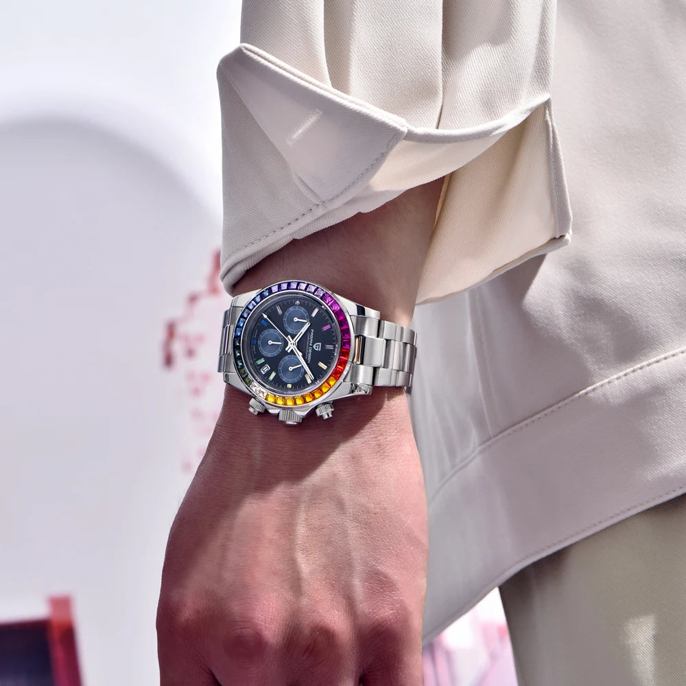 Pánske hodinky PAGANI DESIGN – Model s farebnými ciferníkmi, luxusné náramkové hodinky s kremeňovým strojčekom, chronograf vybavený strojčekom