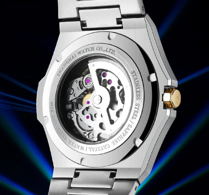 Shanghai Watch Dual Skeletonized Automatic Mechanical Watches 41mm Luminous Sapphire Men's Wristwatch 316L Stainless Steel S8008