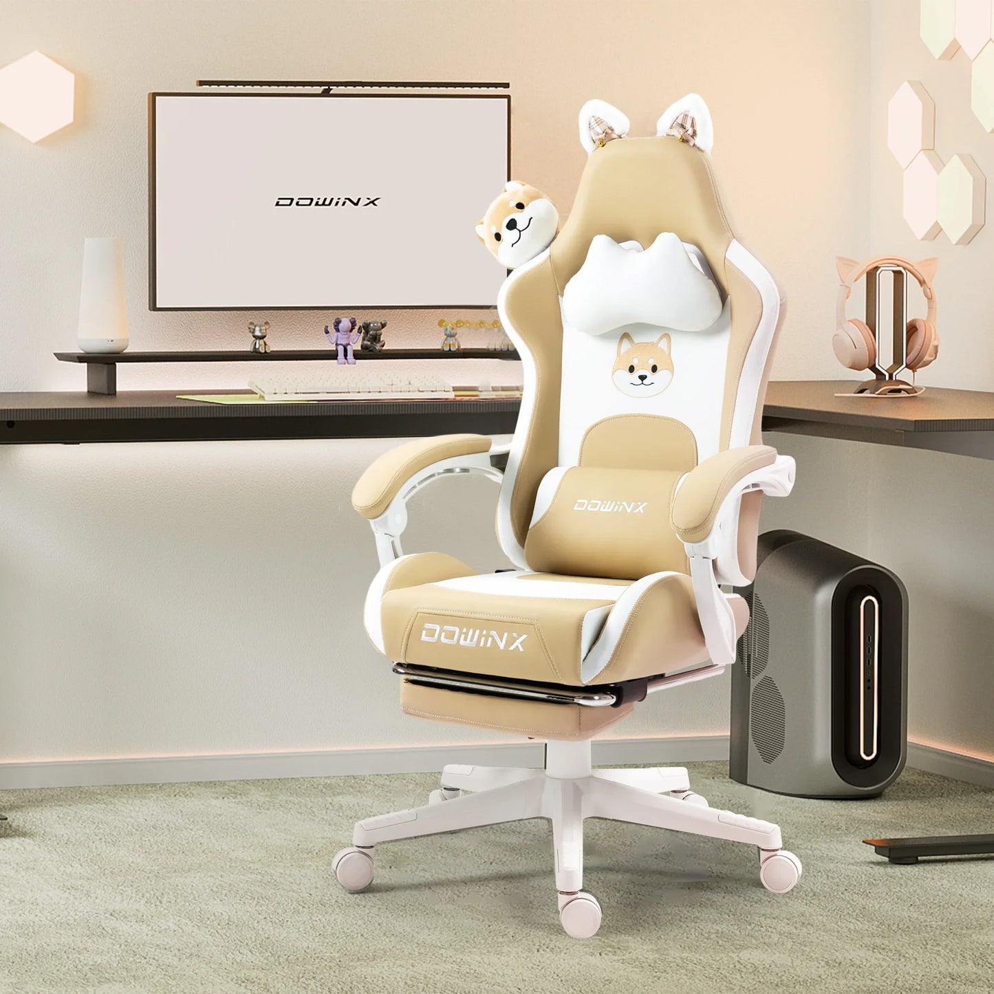 Cadeira Gaming Kawaii Cor-de-Rosa com Orelhas de Gato, Apoio para os Pés, Encosto Alto Ergonómico e Apoio Lombar com Pata de Gato