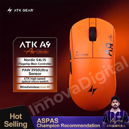 Безжична геймърска мишка ATK Dragonfly A9 Ultimate A9 Air PAW3950, ултралека ергономична e-sports мишка за FPS геймъри, CSGO A9 Ultra