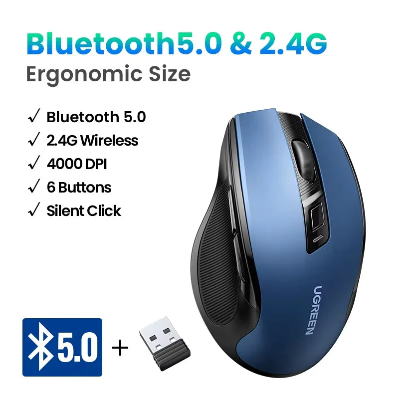 Ratón inalámbrico UGREEN Bluetooth 5.0 ergonómico, 4000DPI, 6 botones silenciosos, para MacBook, tabletas, portátiles, ordenador PC, 2.4G