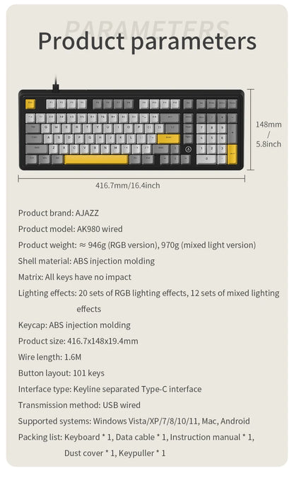 AJAZZ AK980 Wired Mechanical Keyboard Hot Swap Gasket RGB Low Noise Ergonomics Office Gaming Keyboard Customized PC Accessories