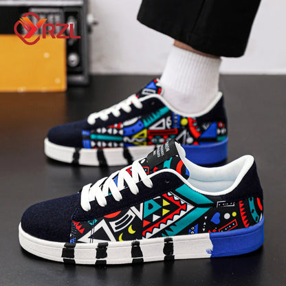 YRZL Scarpe sportive da running da uomo in tela con stile geometrico, sneakers stringate, scarpe da skate da uomo alla moda per coppie con stampa graffiti