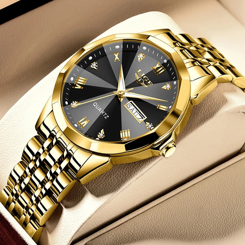 Montre-bracelet à quartz pour femme LIGE – Élégante et luxueuse, affichant la date et le jour de la semaine – Montre simple et étanche, idéale comme cadeau pour femme