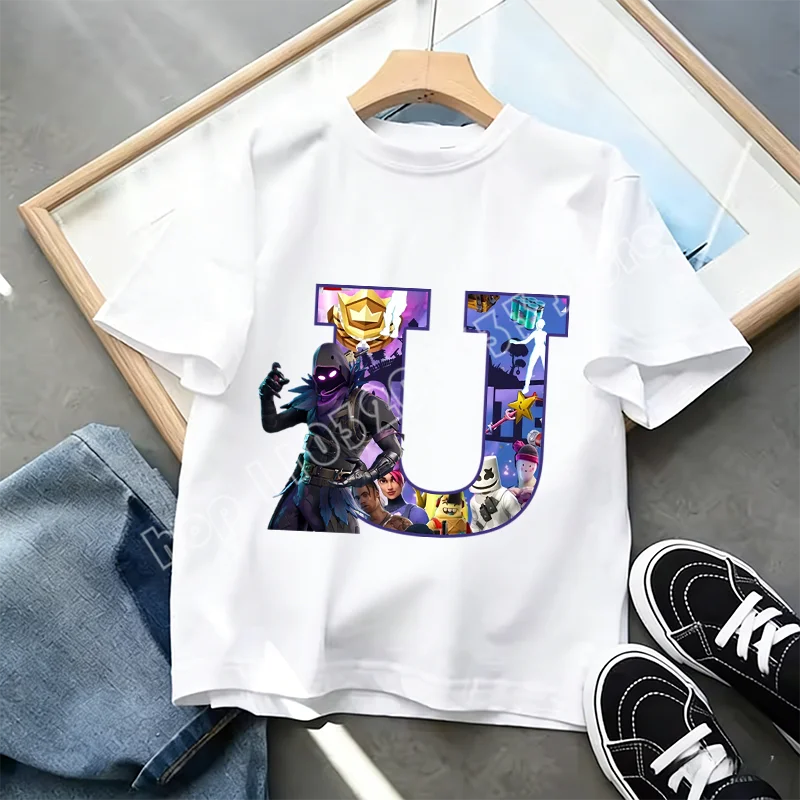 Μπλουζάκι Fortnite με στάμπα αλφαβήτου A-Z για παιδιά, καλοκαιρινό, λευκό, δημοφιλές cartoon game, casual κοντομάνικο τοπ μόδας, ιδανικό για δώρο