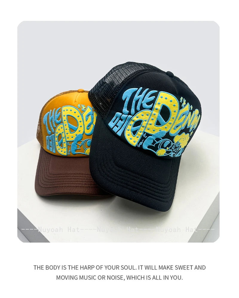 Casquettes de baseball unisexes originales imprimées en 3D avec lettres, casquettes de camionneur respirantes à motifs colorés et à visière pare-soleil, en maille polyvalente
