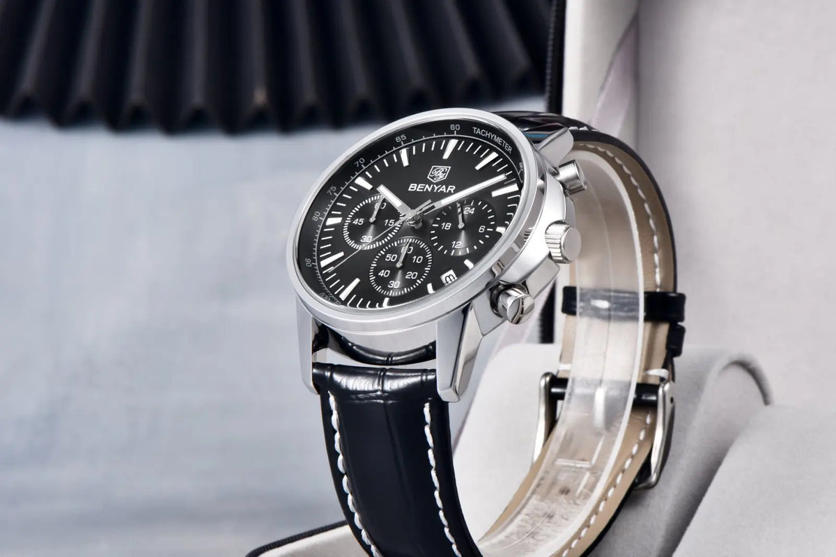 Montre de luxe pour homme Benyar – Chronographe avec date, bracelet en cuir, étanche, luminescente, style sportif et militaire, montre à quartz