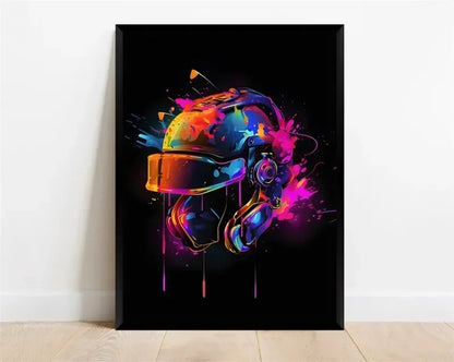 Póster Néon de Personagem de Videojogo com Gamepad, Auscultadores, Futebol e Basquetebol em Tela — Arte de Parede para Decoração de Quarto Gaming