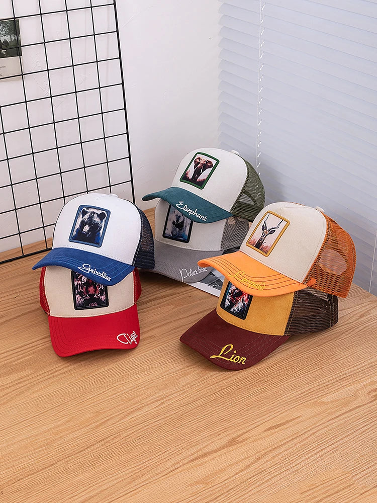 Gorra de malla unisex con parche con diseño de león, de ante, para mujer y hombre, gorra de béisbol de verano con motivos animales, gorra de camionero de moda