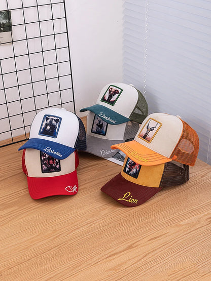 Gorra de malla unisex con parche con diseño de león, de ante, para mujer y hombre, gorra de béisbol de verano con motivos animales, gorra de camionero de moda