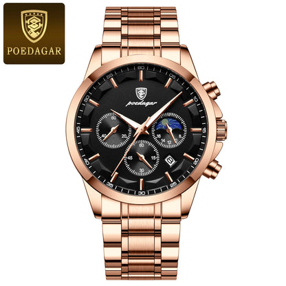 Relógio de pulso de luxo para homem POEDAGAR, estilo militar, estanque, luminoso, cronógrafo, em aço inoxidável, de quartzo, com caixa.