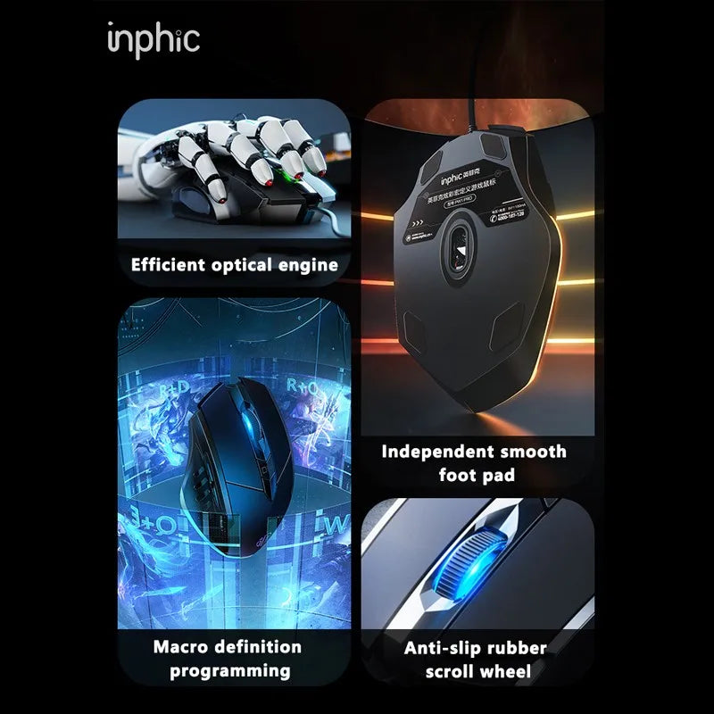 Inphic W1 Wired Gaming Mouse USB Esports Mouse with Adjustable DPI, Programmable Macro Buttons, Silent Click Office & Gaming Mouse