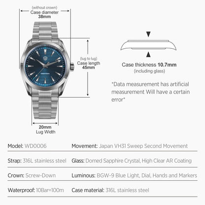 Watchdives WD0006 V2 Watch VH31 Sweep Second Quartz Movement Sapphire Luminous Stainless Steel Watches Waterproof 38mm Watch