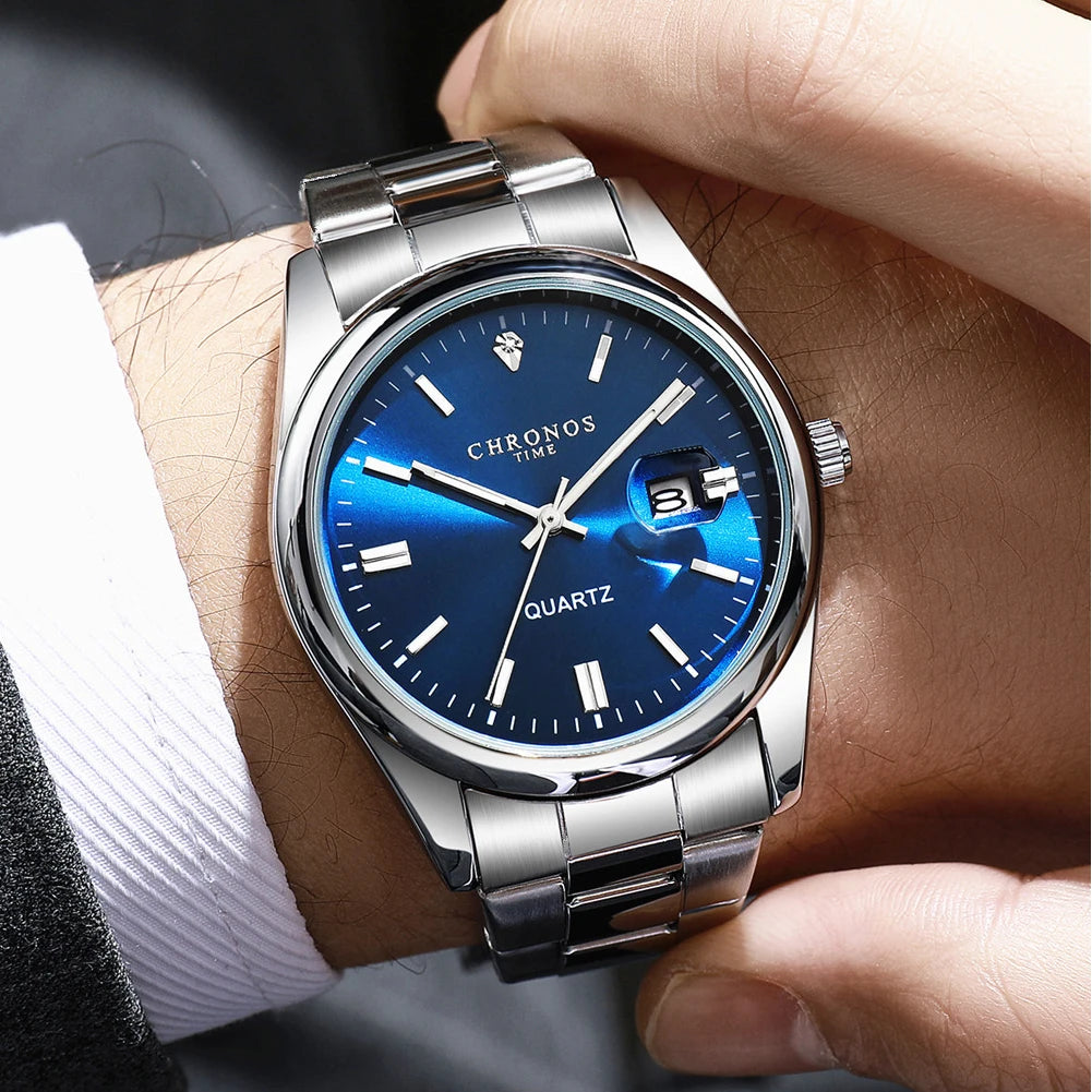 CHRONOS herenpolshorloge – Luxemerk, waterdicht, verlicht, met datumweergave, van roestvrij staal, met quartz-uurwerk.