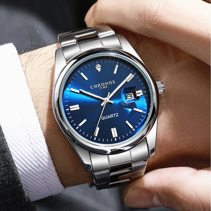 CHRONOS herenpolshorloge – Luxemerk, waterdicht, verlicht, met datumweergave, van roestvrij staal, met quartz-uurwerk.