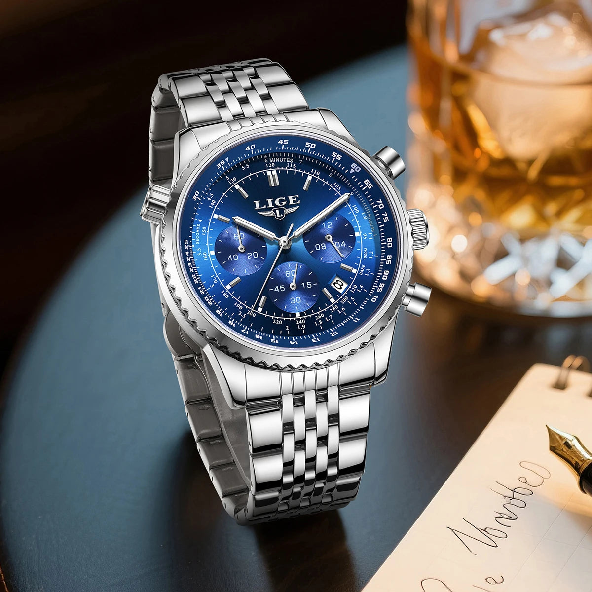 LIGE luxury men’s watch – Chronograph with date, stainless steel, water-resistant, luminescent, sporty and military style, men’s quartz watch