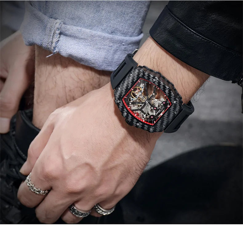 Tourbillion Mechanical Watch for Men Silicone Strap Skeleton Tonneau Automatic Mens Watches Top Brand Luxury Reloj Hombre