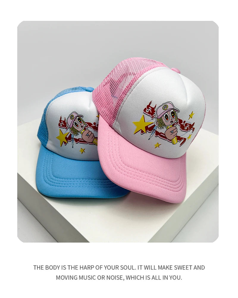 Kšiltovky ve stylu amerických kšiltovek s potiskem Cruise Anime New Letter Mesh Trucker – sluneční, prodyšné baseballové kšiltovky pro muže i ženy, univerzální módní kousek