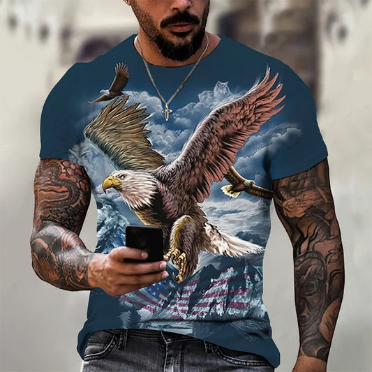 3D-geprint grappig adelaars-T-shirt voor heren, coole dierenprint, zomerse Harajuku-tees, losvallende tops met ronde hals en korte mouwen, T-shirts voor kinderen