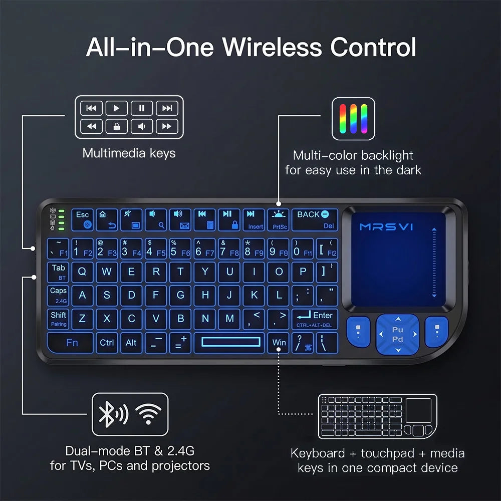 MRSVI Mini Keyboard A8 PLUS,Backlit 2.4GHz&Bluetooth5.0 Wireless Keyboard with Touchpad for Android TV Box,Mac,Laptop,Windows