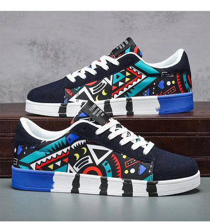 YRZL Scarpe sportive da running da uomo in tela con stile geometrico, sneakers stringate, scarpe da skate da uomo alla moda per coppie con stampa graffiti
