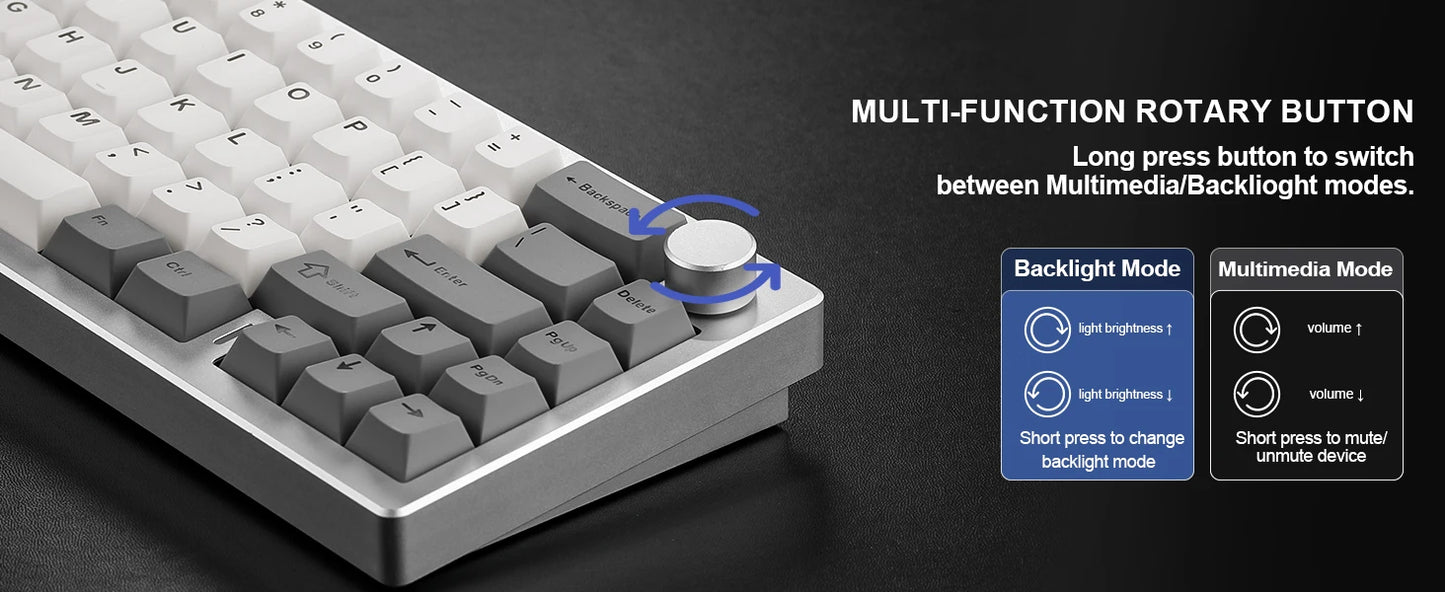 YUNZII AL68 Silver Aluminum Mechanical Gaming Keyboard, QMK/VIA Wireless Keyboard, Hot Swap Gasket Custom Keyboard with Knob