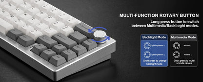 YUNZII AL68 Silver Aluminum Mechanical Gaming Keyboard, QMK/VIA Wireless Keyboard, Hot Swap Gasket Custom Keyboard with Knob