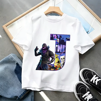 Μπλουζάκι Fortnite με στάμπα αλφαβήτου A-Z για παιδιά, καλοκαιρινό, λευκό, δημοφιλές cartoon game, casual κοντομάνικο τοπ μόδας, ιδανικό για δώρο