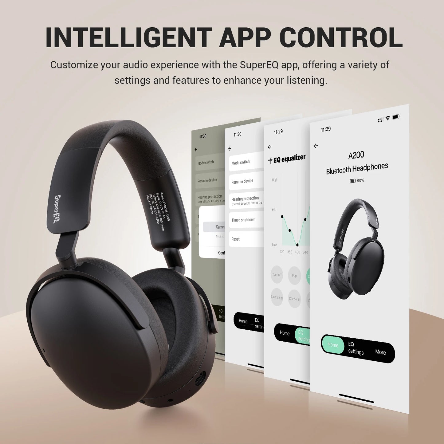 Oneodio SuperEQ A200 kabellose Bluetooth 5.4 ANC-Kopfhörer – Over-Ear-Noise-Cancelling-Headset mit ENC-Mikrofon, Hi-Res Audio & App-Steuerung
