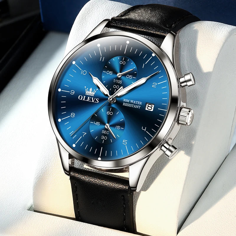 Pánske hodinky OLEVS 2880 – Elegantný a minimalistický chronograf, kožený remienok, automatické zobrazovanie dátumu, vodotesné, luminiscenčné ručičky, quartzový strojček.