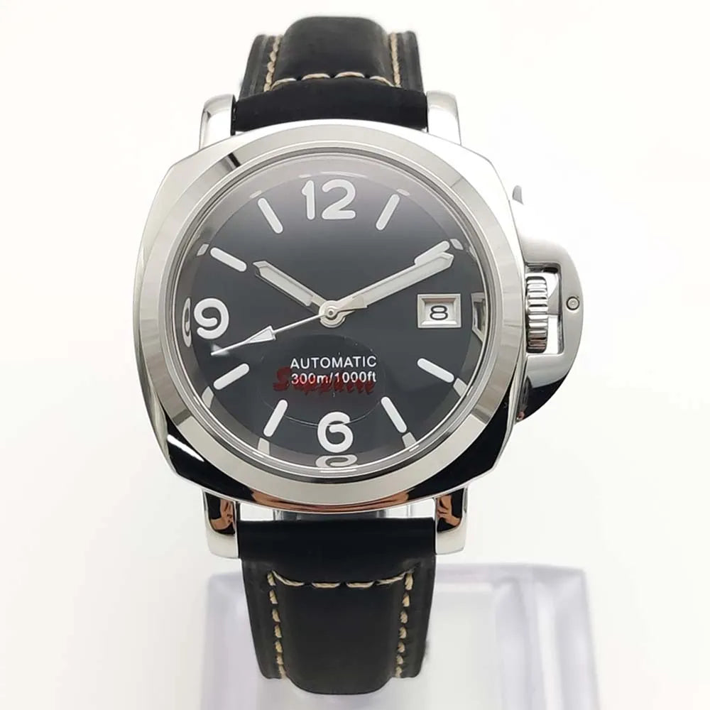 Parnsrpe Men's Automatic Mechanical NH35 Watch Polished Case Sapphire Glass Leather Strap 40mm Men's Watch
