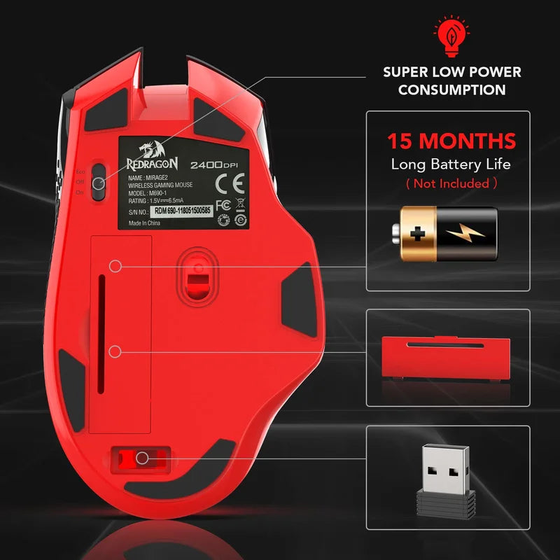 Redragon M690-1 2.4Ghz vezeték nélküli gamer egér DPI-váltással, 2 oldalsó gombbal, 2400 DPI, ergonomikus kialakítás, 8 gomb – fekete egér