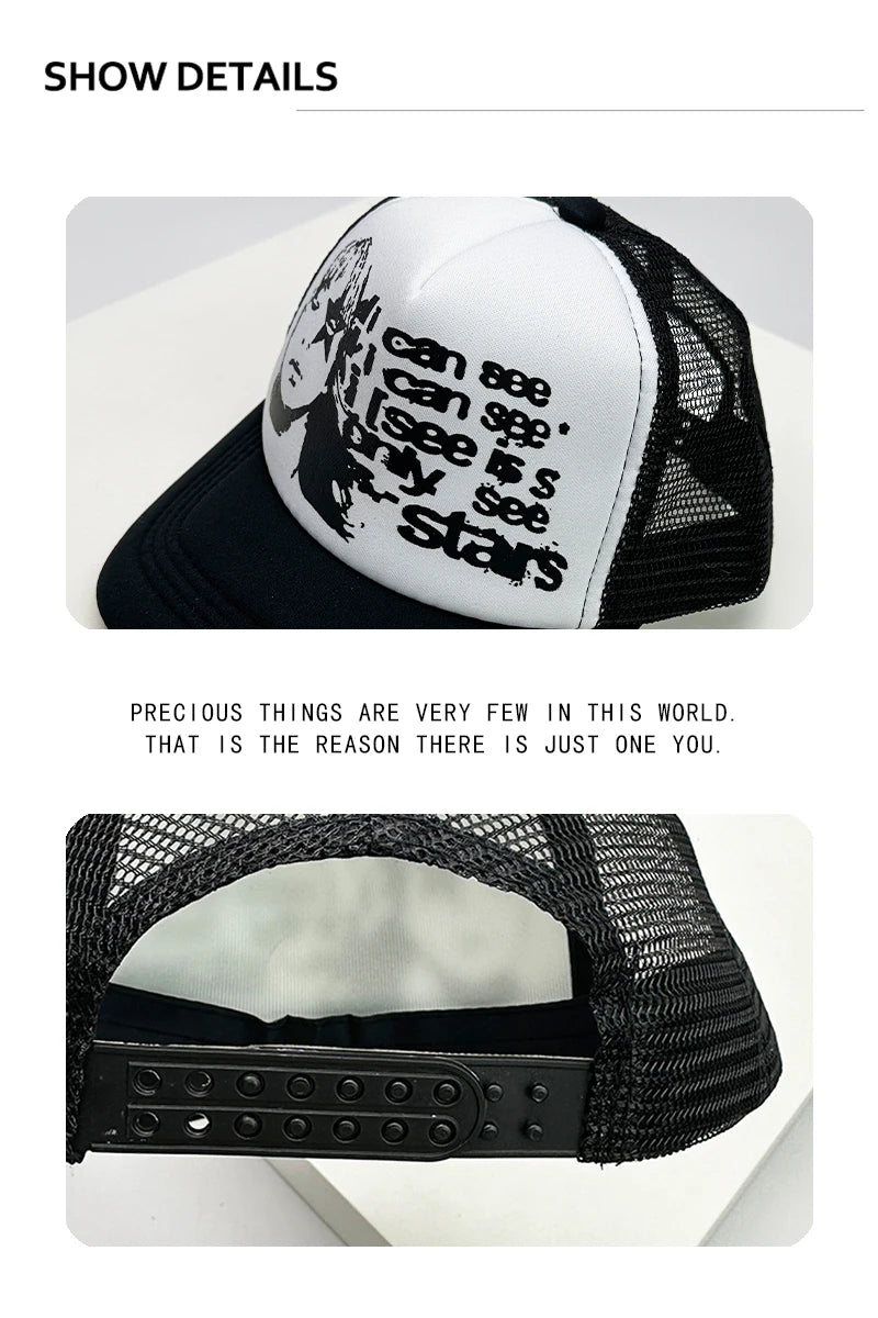 Kšiltovky ve stylu amerických kšiltovek s potiskem Cruise Anime New Letter Mesh Trucker – sluneční, prodyšné baseballové kšiltovky pro muže i ženy, univerzální módní kousek