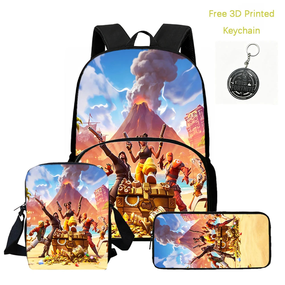 FORTNITE 3Pcs Lightweight Backpack With Front Pocket,Crossbody Bag&Pencil Case For Age 5-9 Boys Girls,Free 3D Printed Keychain.
