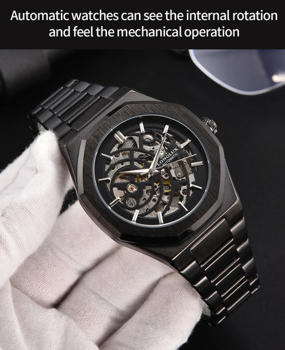 LONGLUX automatic watch business mechanical watches simple skeleton waterproof stainless steel cost effective mens watch gift