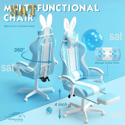 For Kawaii Light Blue Gaming Chair with Bunny Ears, Ergonomic Cute Gamer Chair with Footrest and Massage, Racing Reclining