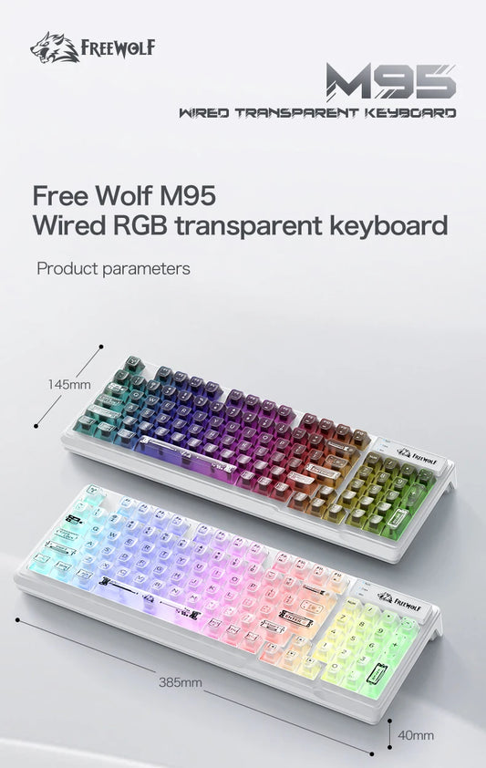 Teclado con cable FREEWOLF M95 con diseño transparente RGB, ideal para diversos escenarios como gaming y trabajo de oficina