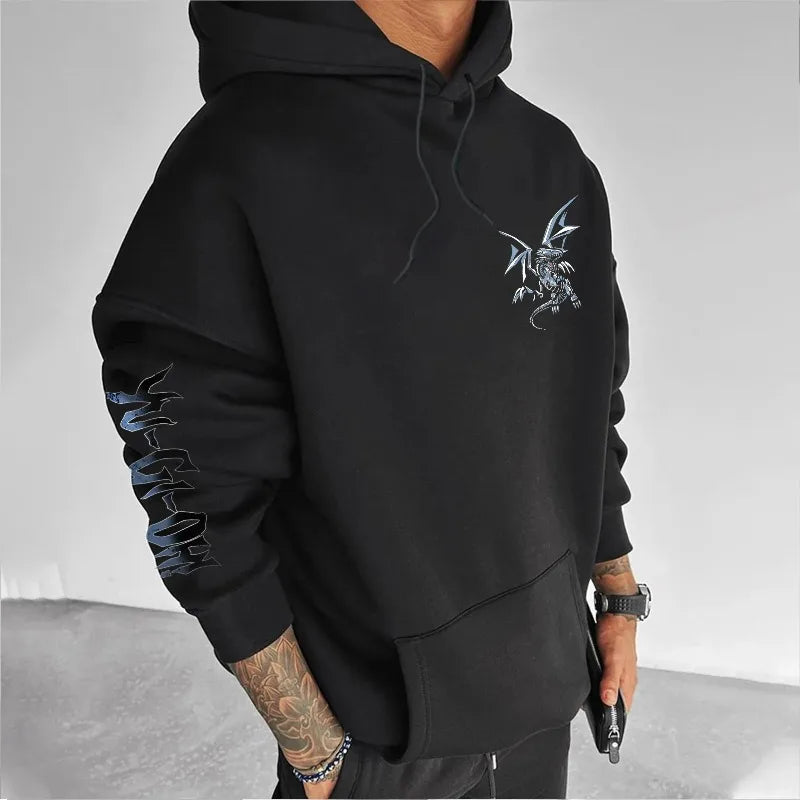 Classic Anime Yu Gi Oh Character Blue Eyed White Dragon Printed Male Autumn/Winter Thick and Wide Y2K Halloween COS Wide Hoodie