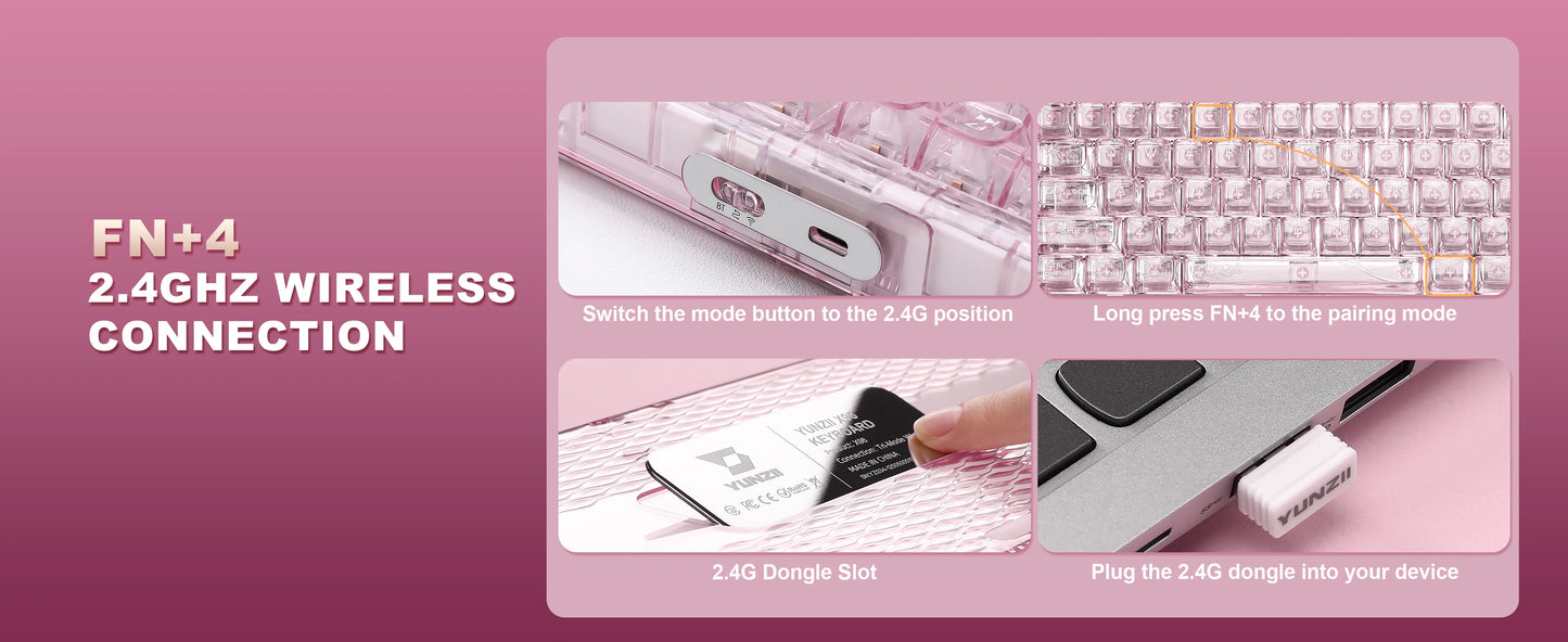 YUNZII X98 Pink QMK/VIA Wireless Transparent RGB Keyboard, Hot-Swap Gasket Mechanical Gaming Keyboard, Pre-lubed Knob Keyboard