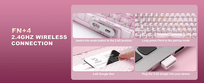 YUNZII X98 Pink QMK/VIA Wireless Transparent RGB Keyboard, Hot-Swap Gasket Mechanical Gaming Keyboard, Pre-lubed Knob Keyboard