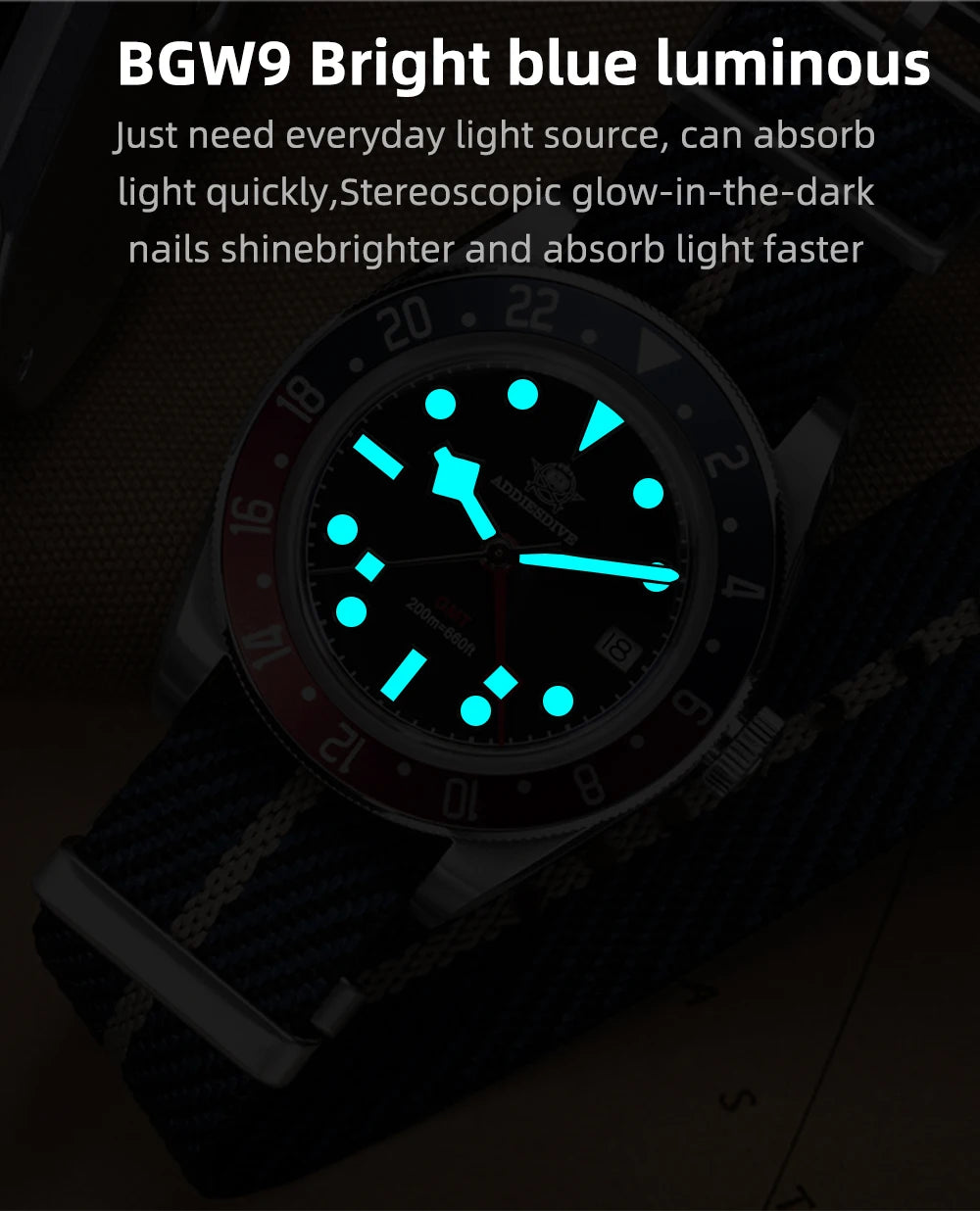 ADDIESDIVE GMT Quartz Watches Bubble Mirror Glass AD2044 Men's Sport Diver Watch 20Bar Waterproof Super Luminous Man WristWatch