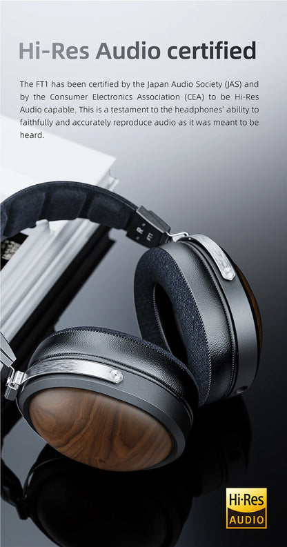 FiiO FT1 Professional Wired HiFi Monitor Headphones – North American Walnut Over-Ear Dynamic Stereo Headset with Leather & Metal Build
