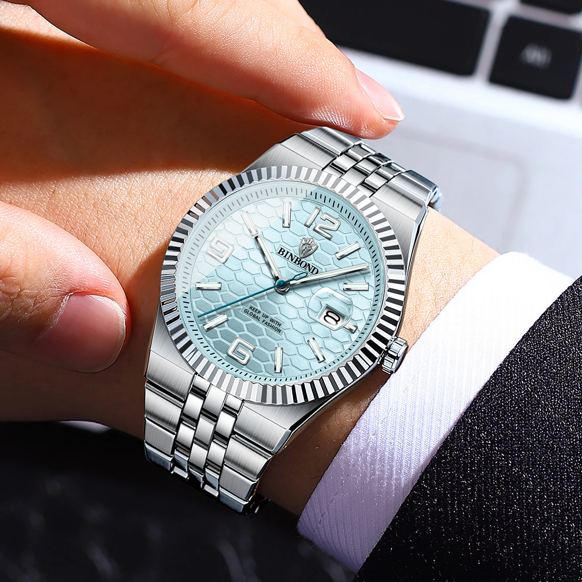 BINBOND luxury quartz wristwatch, luminous, water-resistant, automatic date, for men, stainless steel, business, sport, fashion and casual styles.