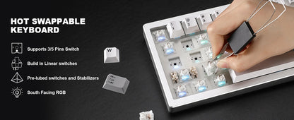 YUNZII AL68 Silver Aluminum Mechanical Gaming Keyboard, QMK/VIA Wireless Keyboard, Hot Swap Gasket Custom Keyboard with Knob