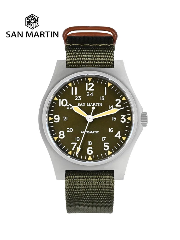 San Martin Pilot Watch 38mm NH35 Retro Military Automatic Mechanical Wristwatch Bead Blasted Case Waterproof 100m SN0137