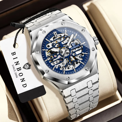 Montre mécanique squelette de précision BINBOND pour homme, montre de luxe lumineuse, étanche, automatique, en acier inoxydable robuste.