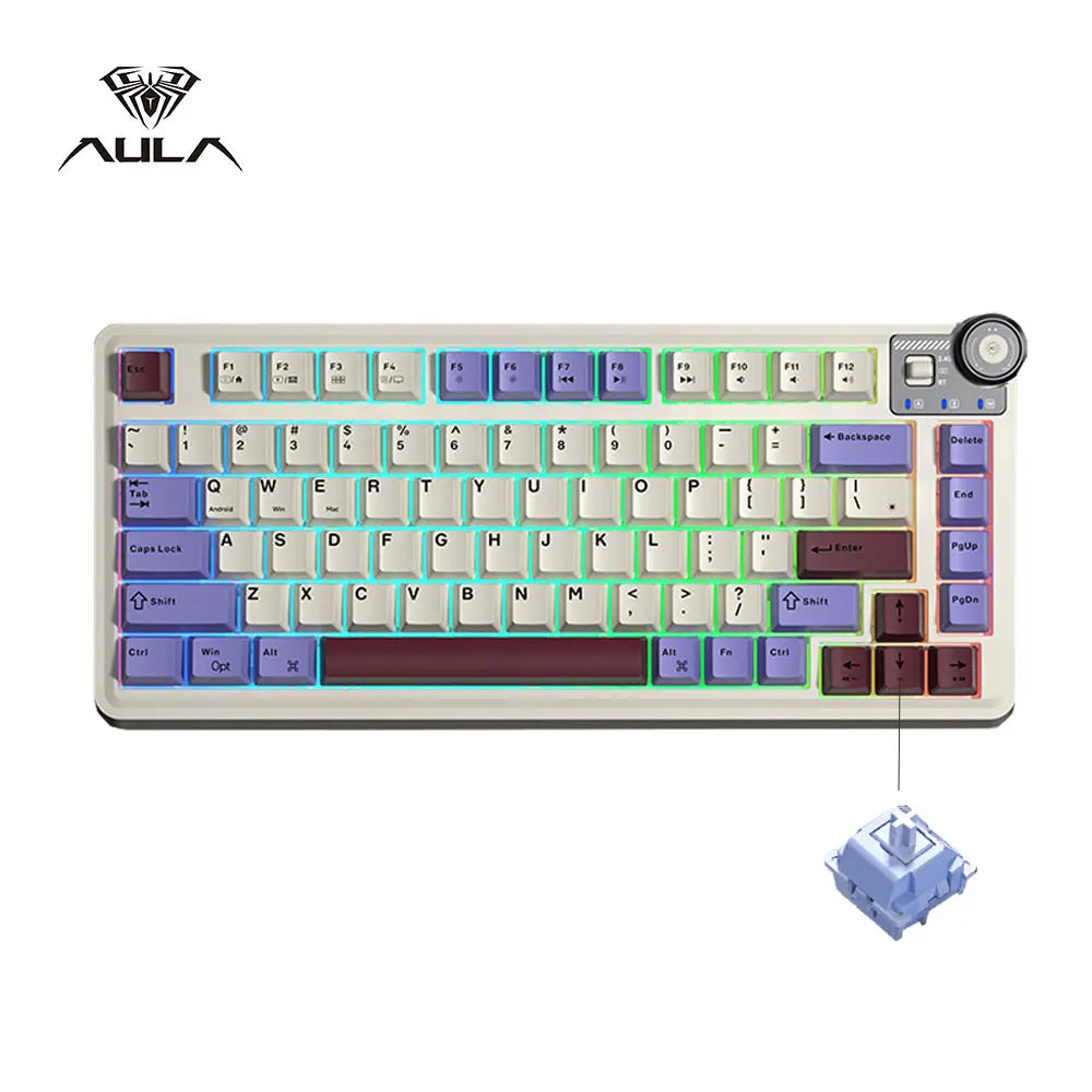 Teclado mecânico gaming esports AULA AU75, três modos, 81 teclas, teclas PBT, hot-swappable, RGB, teclado sem fios para PC desktop e escrita