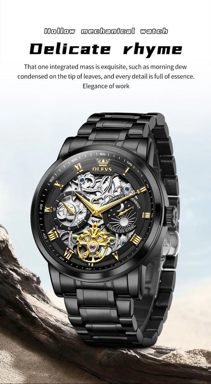 OLEVS 6670 Mens Watch Luxury Brand Skeleton Mechanical Watch Moon Phase Stainless Steel Watches For Man Gifts Box High Quality