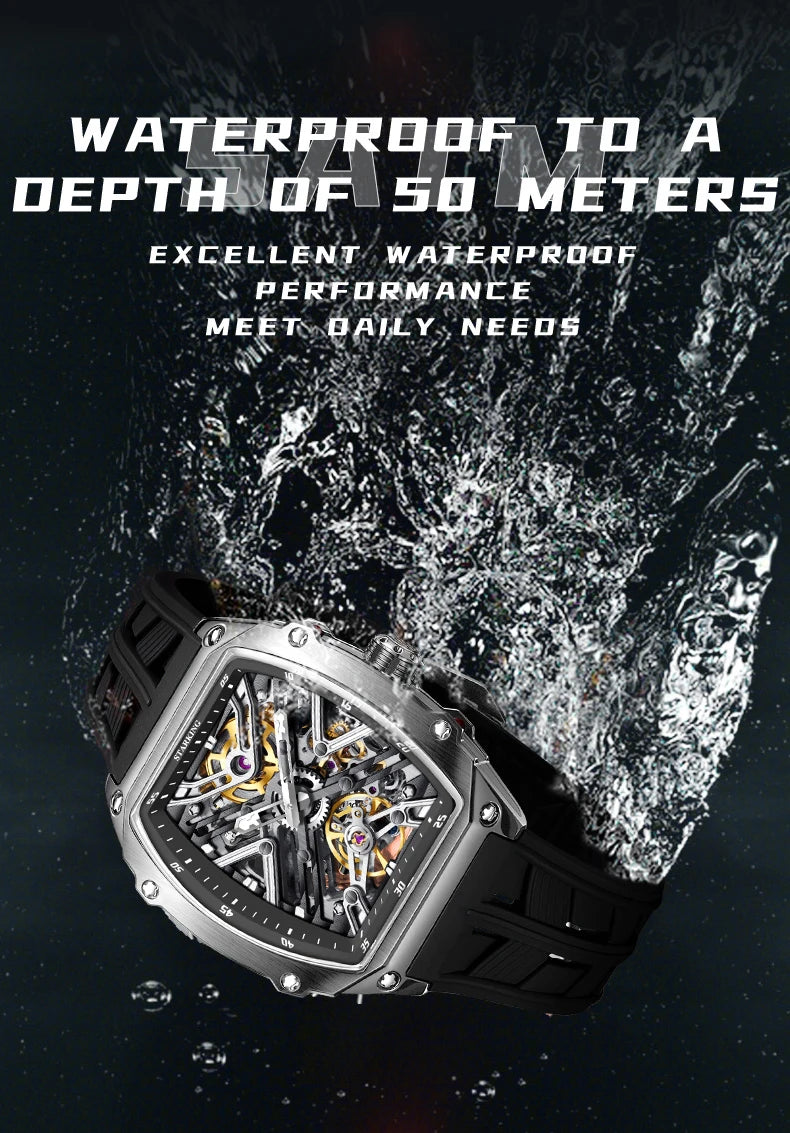 STARKING Men's Waterproof Sports Mechanical Watches Wear-resistant Silicone Strap Automatic Watch Luminous Tonneau Luxury Watch